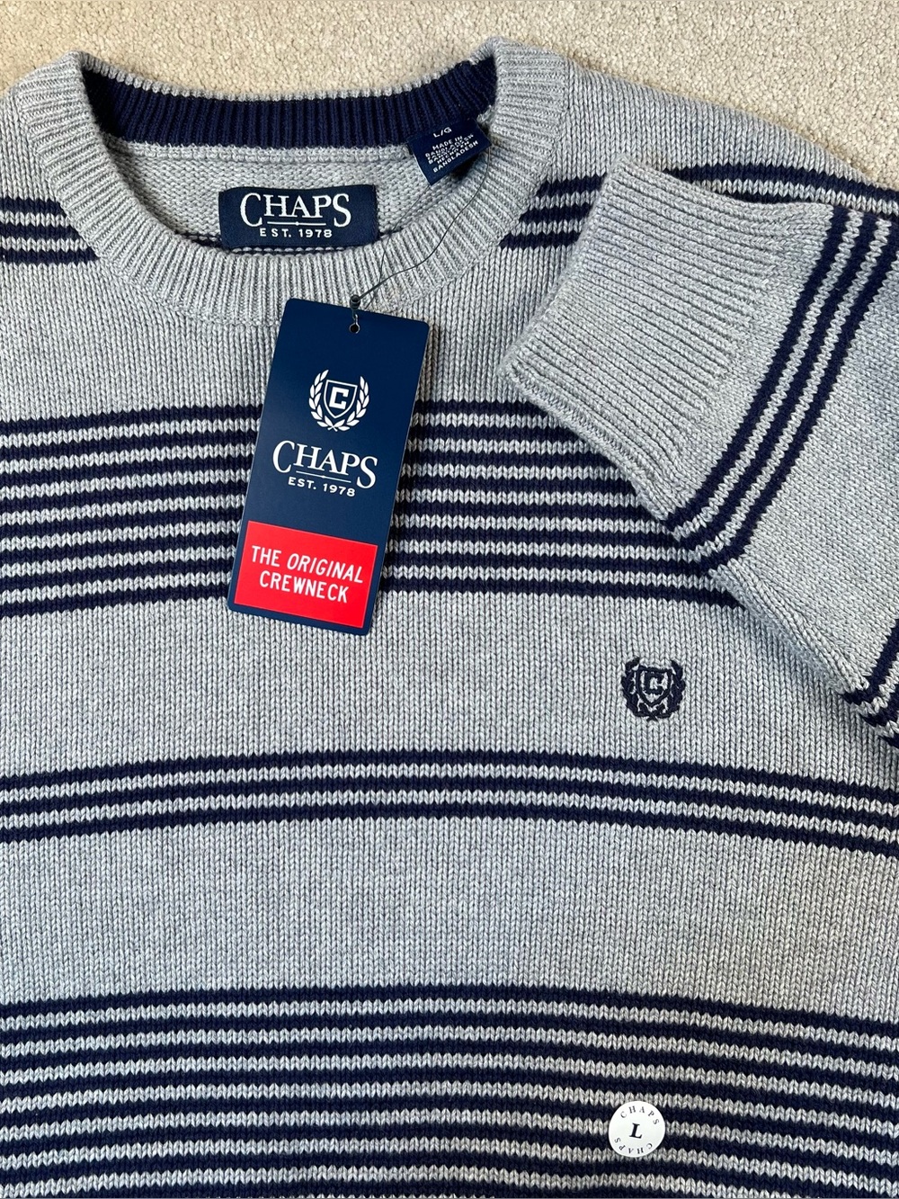 Chaps Sweater 100% Cotton Crew Neck NWT Striped Grey Navy Blue Men's Large